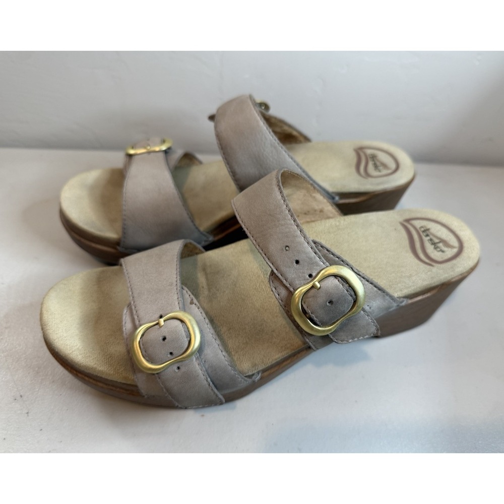 Dansko Sophie Taupe Leather Wedge Sandals US 9.5 10 2.25" Heel Slide Clog